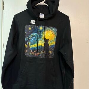 Black Hoodie with Starry Night Cat Design